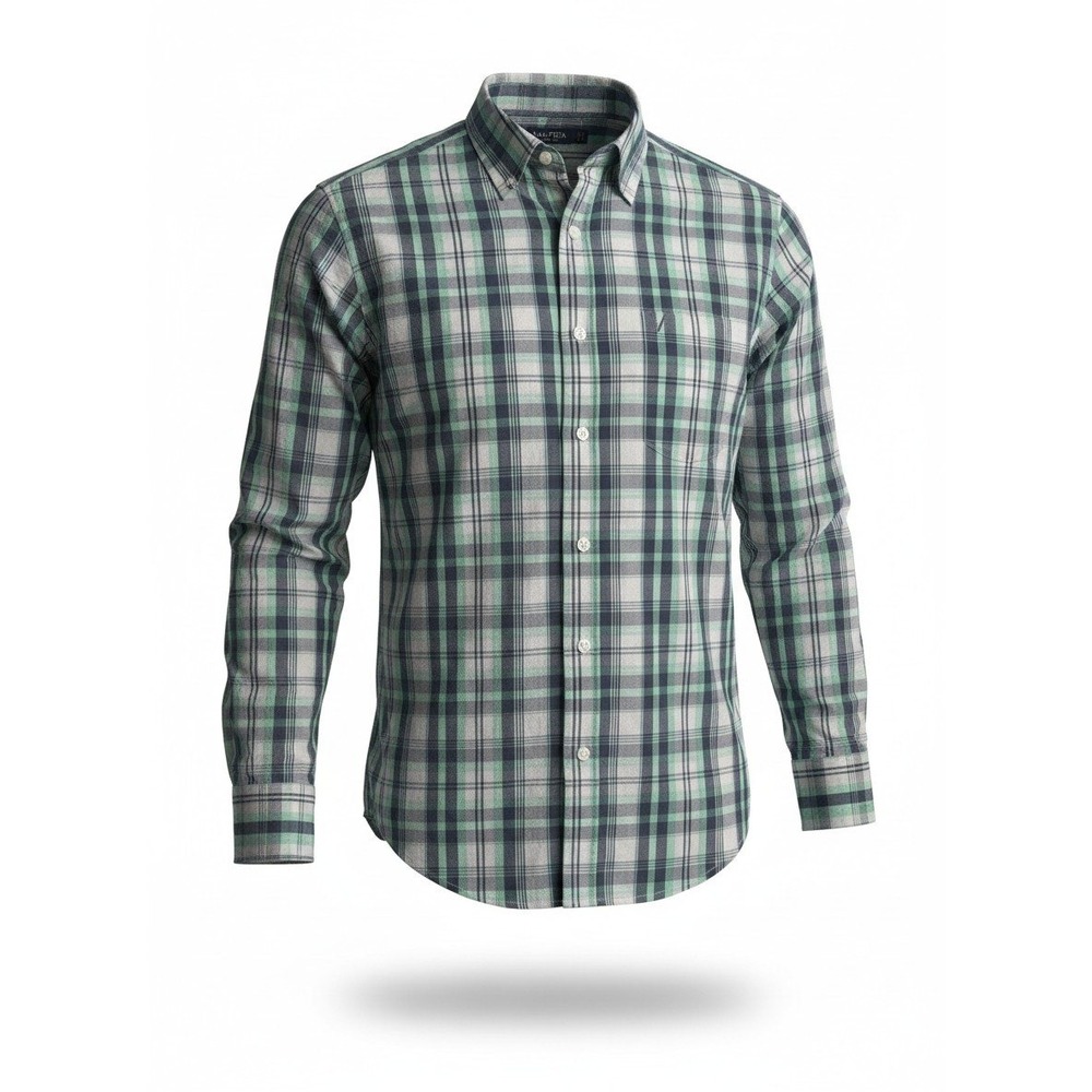 Nautica Mens Plaid Button Down Shirt Mint Green Navy Blue Long Sleeve Size M